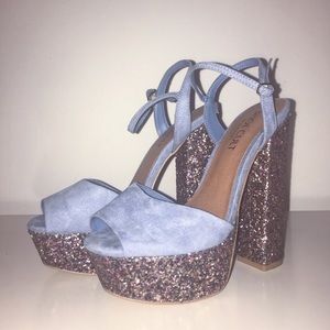Nasty Gal, Blue Suede, Chunky Glitter Heels | Sz 6